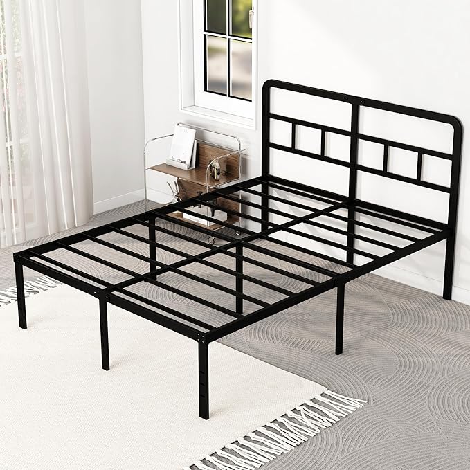 18 Inch Full Size Bed Frame with Headboard No Box Spring Needed, Heavy Duty Metal Platform with Steel Slat, Mattress Foundation, Easy Assembly, Noise Free, Black
