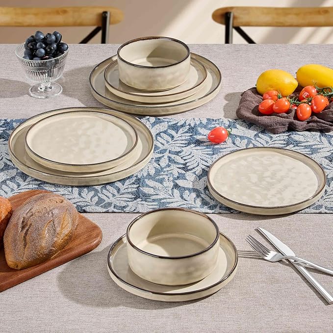 Herogo Dinnerware Dishes Sets for 4, 12 Pieces Ceramic Plates and Bowls Sets, Kitchen Dinning Dishes, Dishwasher & Microwave Safe, Cream Khaki