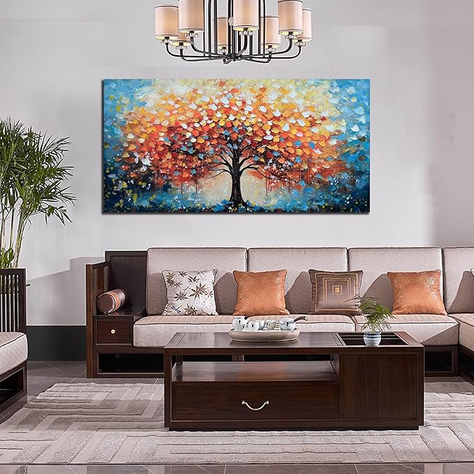 Zoyotago Large Canvas Wall Art for Living Room Bedroom Home Office Orange Yellow Tree of Life Wall Art Modern Hand-painted Oil Painting Size 29x59