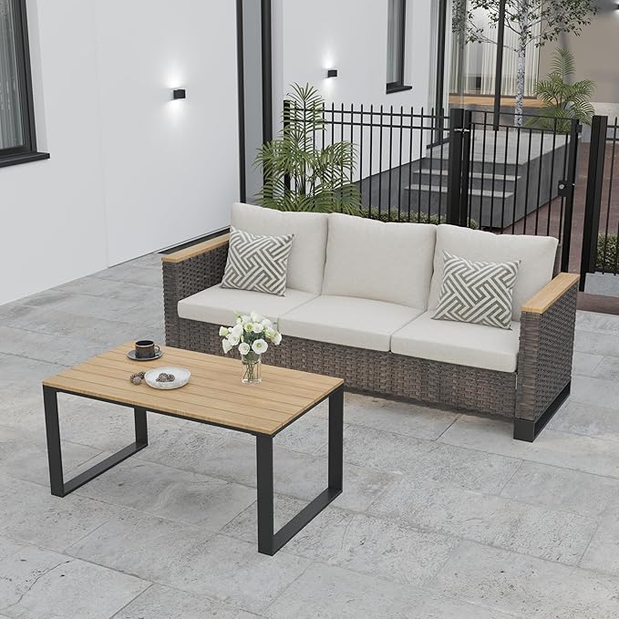 Ypati 2-Piece Handwoven Rattan Patio Modern Style Conversation Set, Aluminum Frame and Wooden-Style Armrest for Porch, Balcony, Garden, 3-seats Sofa with Conversation Table, Black & Light Gray