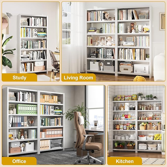 Metal Bookshelf, 5-Tier White Bookcase, 69.3" Tall Book Shelf, Modern Storage Display Shelves for Bedroom, Living Room, Office, School & Kitchen