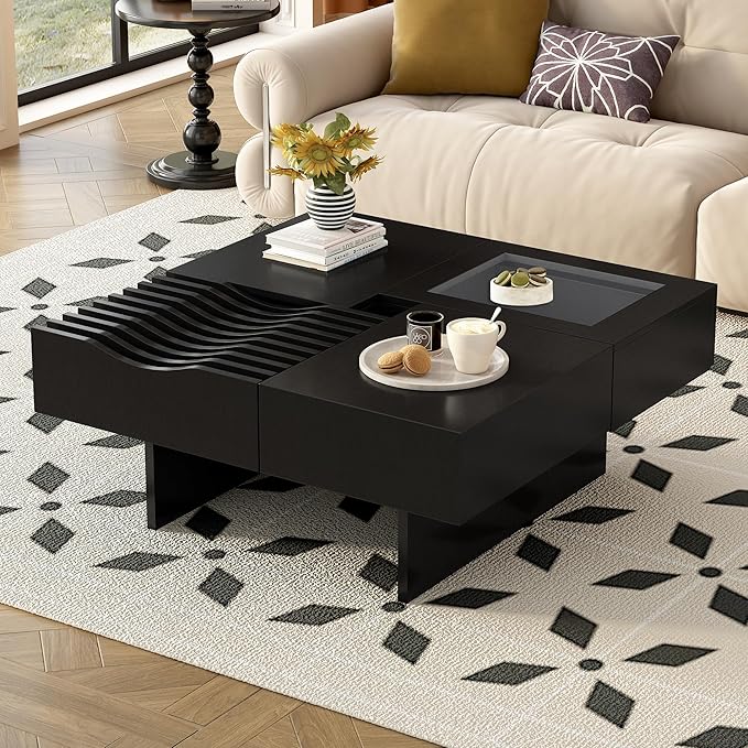 WILLIAMSPACE 33" Square Coffee Table with 3 Drawers, Modern Unique Wooden Center Table with Tempered Glass and Solid Wood Legs, Storage Accent Side End Table for Living Room Apartment, Black