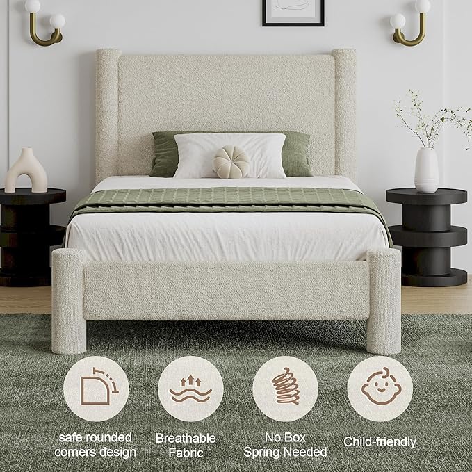 Twin Size Bed Frame, Boucle Upholstered Platform Bed with Headboard and Footboard, Soft Rounded Corners, No Box Spring Required, Easy Assembly, Cream