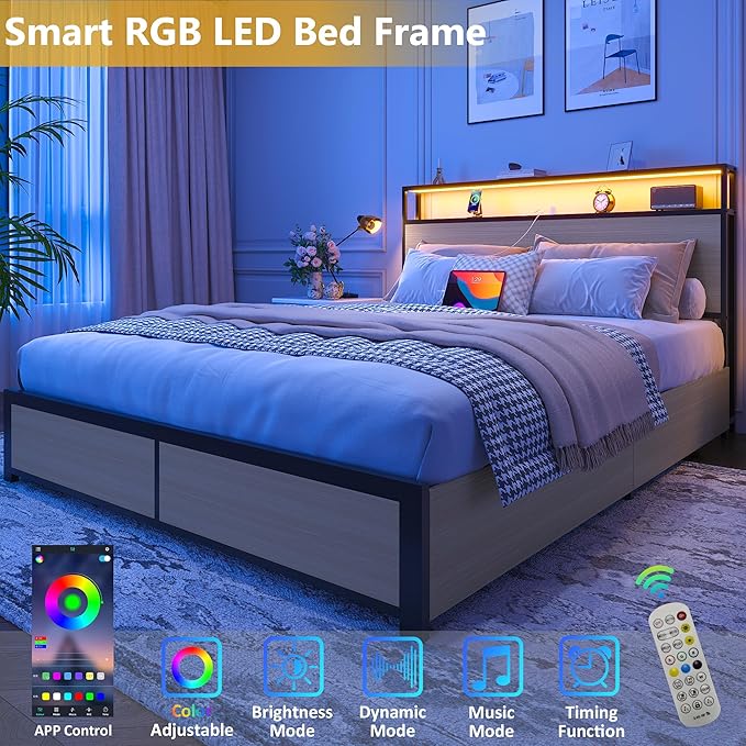 Lifezone Queen Bed Frame with 2-Tier Storage Headboard, Metal Platform Bed Frame with 4 Storage Drawers, Built in Charging Station & LED, Noise-Free/Metal Support/No Box Spring Needed, Beige