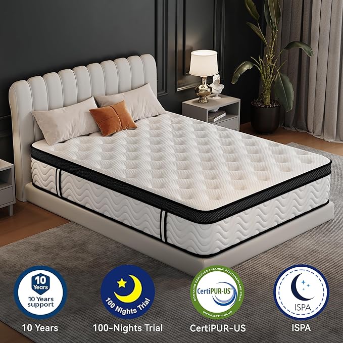 Queen Mattress 12 Inch, Queen Size Memory Foam Mattress in a Box, Hybrid mattresses with Independent Pocket Coils for Motion Isolation & Silent Sleep, Medium Firm,CertiPUR-US,100 Nights Trial