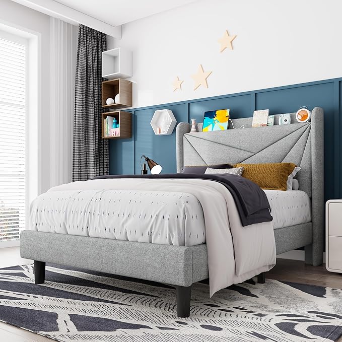 Feonase Twin Bed Frames, Upholstered Bed Frame with Charging Station, Wingback Storage Headboard, No Box Spring Needed, Noise-Free, Light Gray