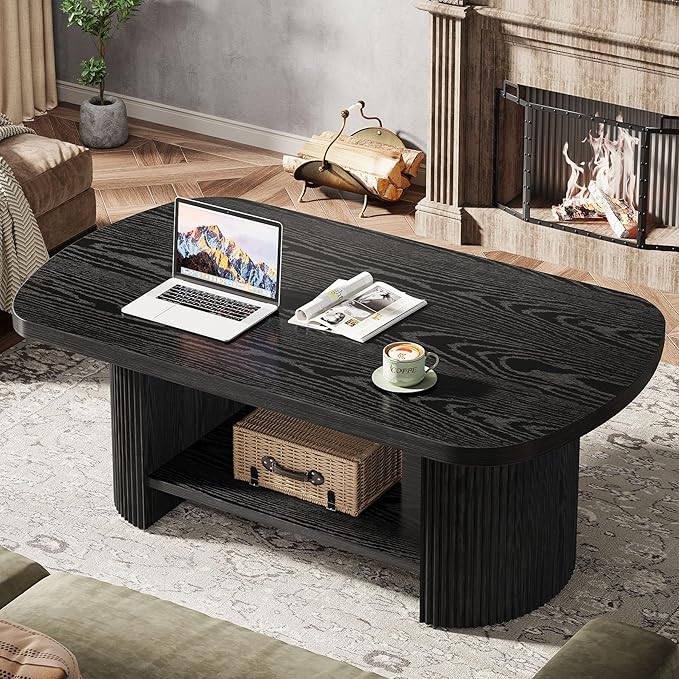 Tribesigns Oval Coffee Table, Mid-Century 2-Tier Coffee Table with Storage Shelf, Modern 45.27" Accent Center Table with Wooden Dual Base for Living Room Bedroom Apartment (Black)