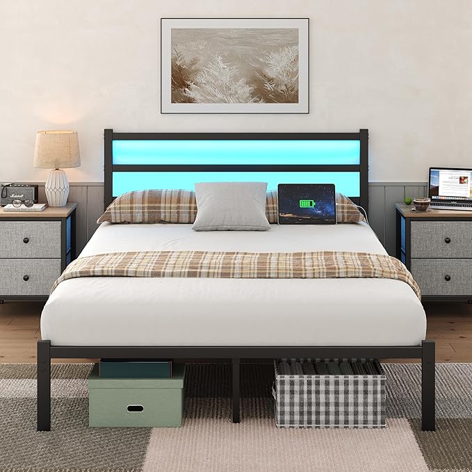 Full Bed Frame with Smart LED Lights, Storage Headboard and USB Charging Station,Heavy Duty Wooden Slats, No Box Spring Needed, Noise Free, Easy Assembly (Minimalist Black, Full)