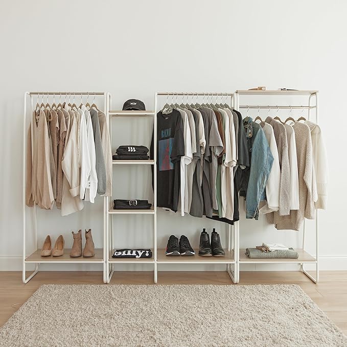 IRIS USA Clothes Rack for Hanging Clothes with Bottom Wood Shelf, Freestanding Clothing Rack, Easy to Assemble Garment Rack, Metal, Sturdy Design, Multipurpose, Small Space Storage Solution, White