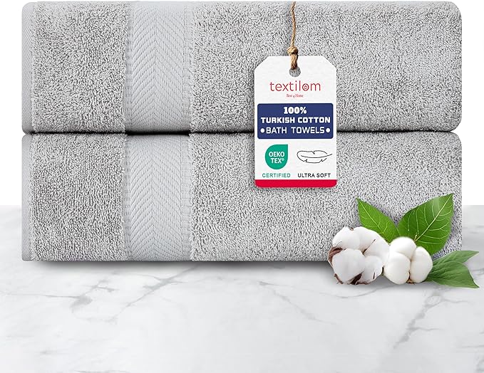 TEXTILOM 100% Turkish Cotton 2 Pcs Bath Towel Set, Luxury Bath Towels for Bathroom, Soft & Absorbent Hotel Quality Bathroom Towels Set (27 x 54 inches)- Light Grey