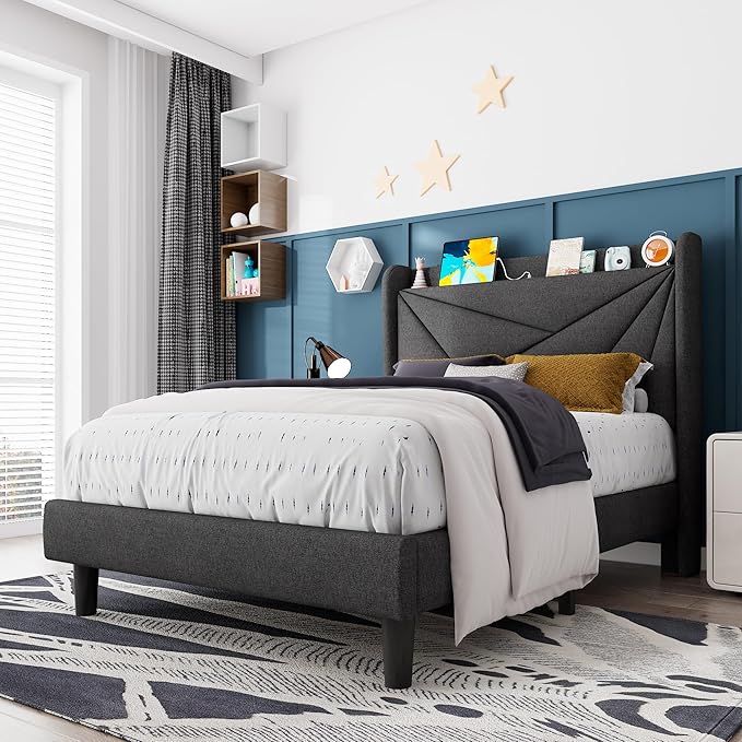 Feonase Twin Size Bed Frame with Charging Station, Upholstered Linen Bedframe with Wingback Headboard, Solid Wood Slats Support, No Box Spring Needed, Noise Free, Charcoal Grey