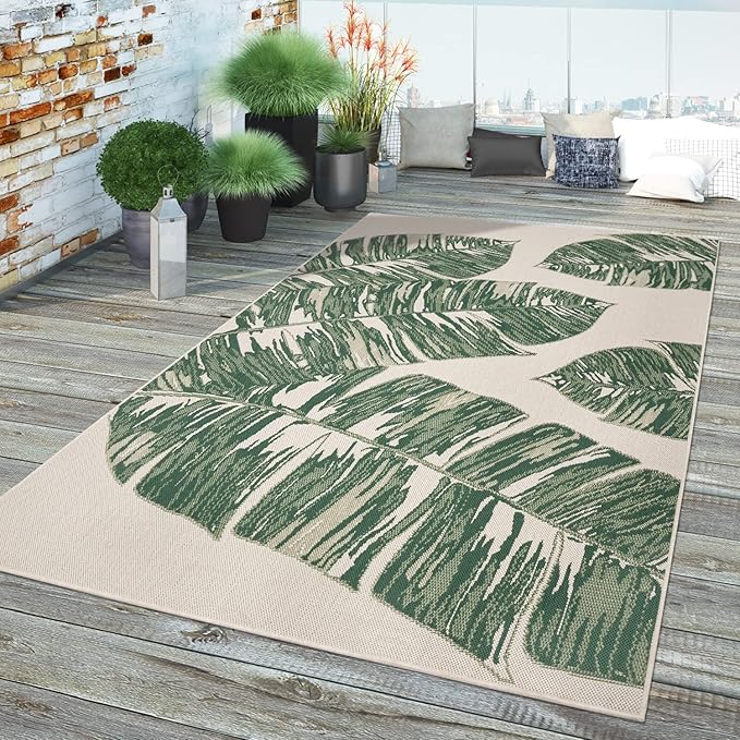 Tropical Outdoor Rug Jungle Leaves Design for Patio in Green Beige, Size: 6'7" x 9'6"