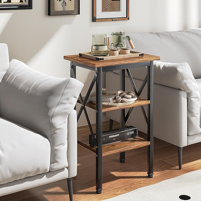 VECELO End Table Set of 2, Bedside Table, 24" Tall Living Room End Tables, X-Design Reinforced Nightstands, Side Table with 3-Tier Storage Shelves for Small Spaces, Office, Bedroom, Rustic Brown