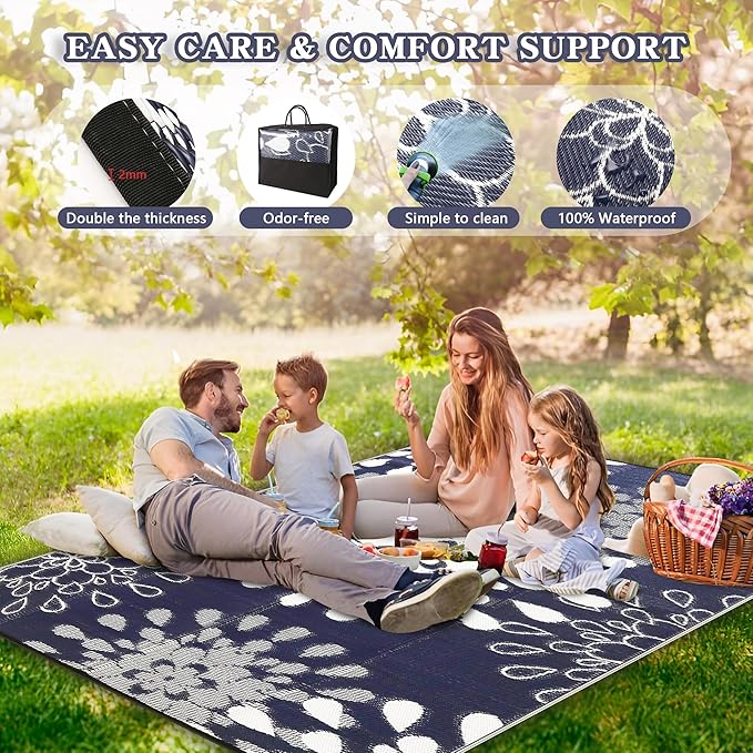 Wallona Outdoor Rugs 5x8 ft Patio Waterproof Clearance Indoor Outdoor Carpet for Patio Plastic Straw Reversible Area Rugs Mat for RV, Camping, Balcony, Beach, Picnic, Porch, Flower Blue & White