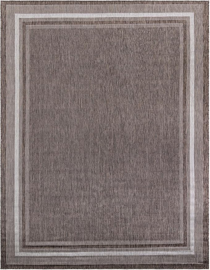 Unique Loom Outdoor Border Collection Area Rug - Soft Border (10' x 14' 1" Rectangle Brown/Ivory)