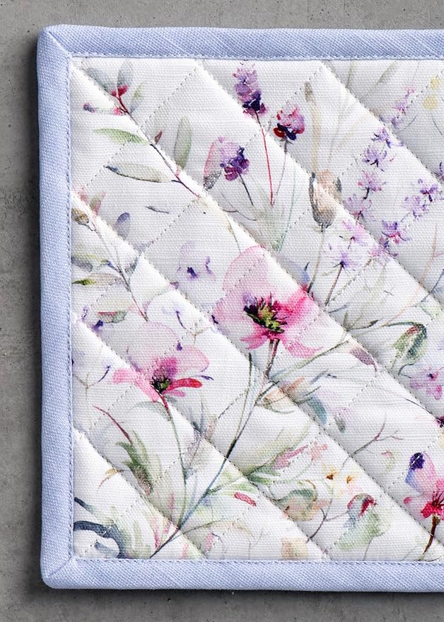 Maison d' Hermine 100% Cotton Oven Mitt & Pot Holder Set (7.5"x13" & 8"x8") Heat Resistant BBQ Cooking Gloves with Loop, Baking, Grilling, Kitchen, Handling Hot Pans Spring/Summer (Summer Floral)