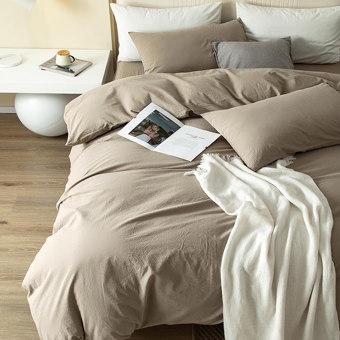 JIYUAN 100% Washed Cotton Duvet Cover Set 3 Pieces Full, 1 Duvet Cover 80x90 Inches(Comforter Not Included) and 2 Pillowcases,Linen Feel Bedding Set Comfy and Breathable,Khaki