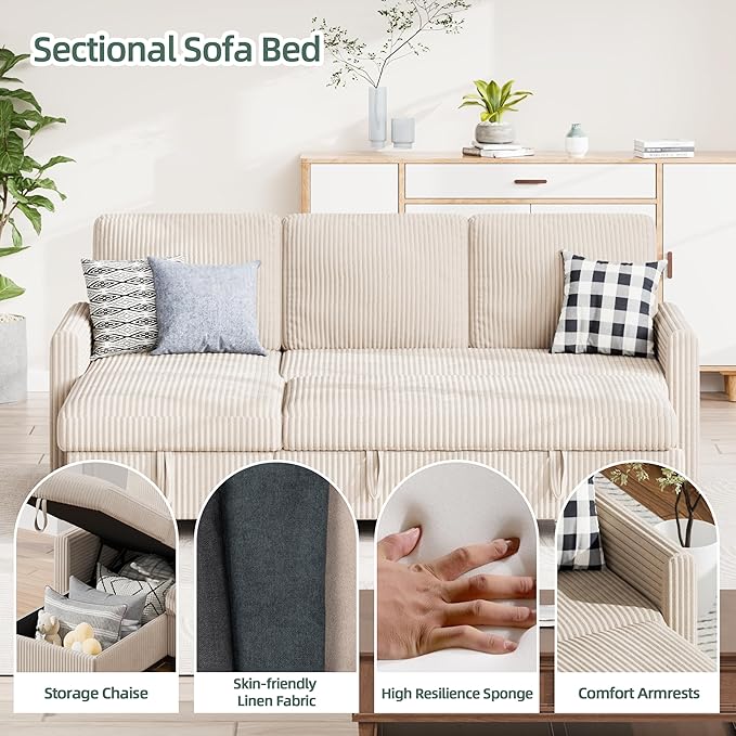 Shintenchi Sofa Couch, Pullout Sofa Bed,2 in 1 Pull Out Couch Bed with Storage Chaise for Living Room,Sleeper Sofa Couches Linen Sectional Sofa,White