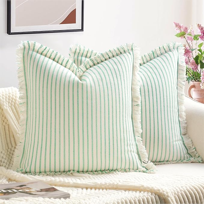 ZWJD Throw Pillow Covers 20x20 Set of 2 Green Striped Pillow Covers with Fringe Chic Cotton Decorative Pillows Square Cushion Covers for Sofa Couch Bed Living Room Farmhouse Spring Decor
