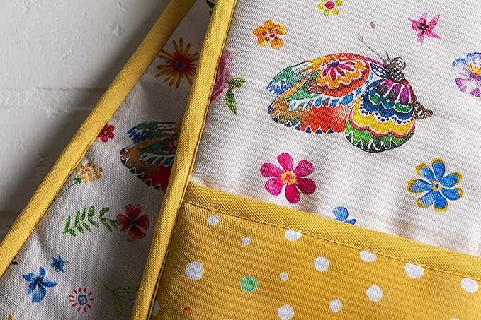 Maison d' Hermine Double Oven Mitts 100% Cotton 7"x35" Double Oven Mitt Heat Resistant BBQ Cooking Gloves with Loop, Baking, Grilling, Kitchen, Handling Hot Pans Spring Summer (Happy Florals - Sweety)