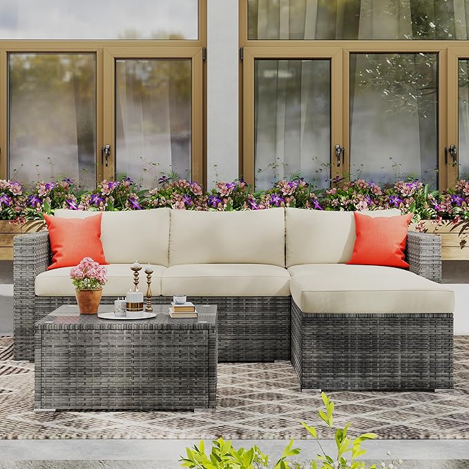 Wisteria Lane 5 Piece Outdoor Patio Furniture Set, All Weather Wicker Rattan Sectional Sofa Conversation Set with Cushions & Glass Coffee Table, Ideal for Backyard Porch Garden Balcony, Beige