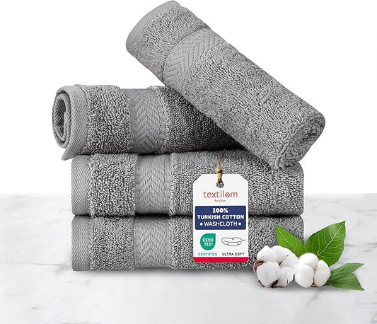 TEXTILOM 100% Turkish Cotton 4 Piece Luxury Washcloth Towel Set for Bathroom & Kitchen, Thick & Super Soft & Highly Absorbent & Quick Dry for Face and Hand- Grey