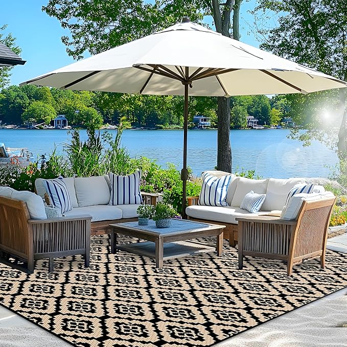 Wallona Outdoor Rugs 8x10 ft Patio Waterproof Clearance Indoor Outdoor Large Carpet for Patio Plastic Straw Reversible Area Rugs Mat for RV, Camping, Balcony, Beach, Picnic, Porch, Brick Black & Beige