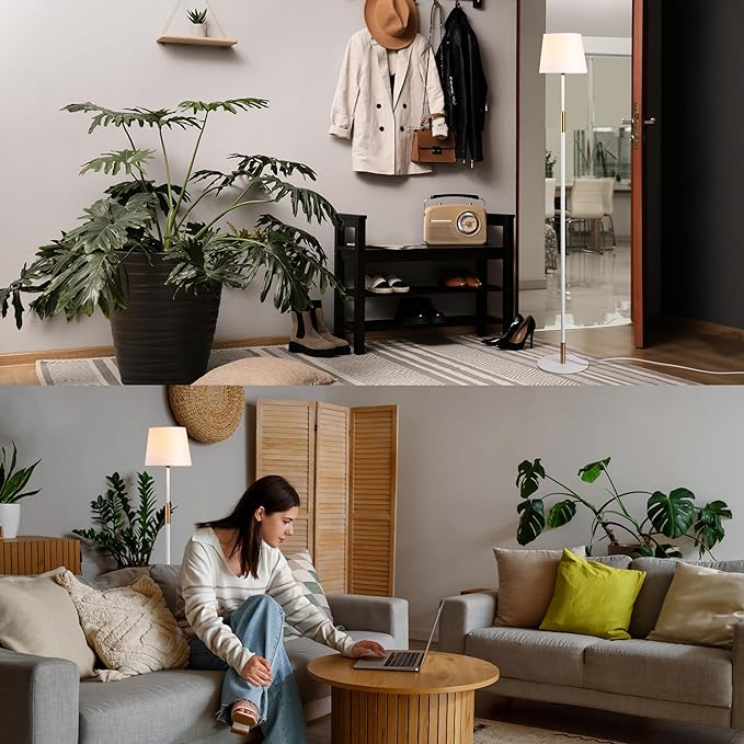 O'Bright Velum Floor Lamp - Elegant Linen Shade, Pull Chain Switch, Luxury Gold Handle, Modern Minimalist Design - Perfect for Living Room, Bedroom, Office - White