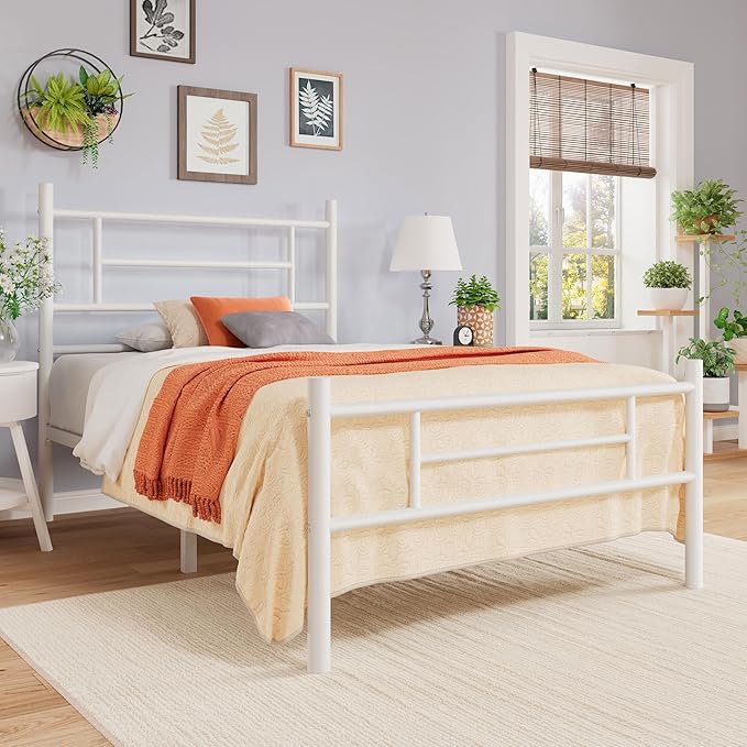 Allewie 14 Inch Twin Size Metal Platform Bed Frame with Headboard and Footboard, Underbed Storage, Strong Metal Slats Support, Mattress Foundation, No Box Spring Needed, Easy Assembly, White