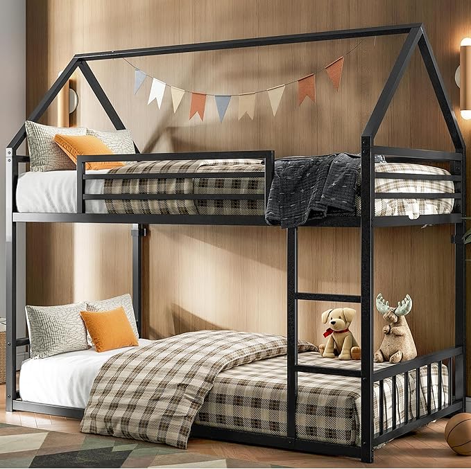 LIKIMIO Bunk Bed Twin Over Twin, House Bunk Bed Frame with Ladder and Guardrail, House Shaped with Metal Slats for Dormitory and Bedroom, Space Saving, No Box Spring Needed, Black
