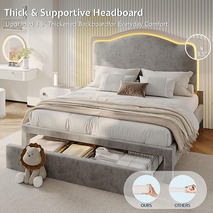 Jocisland Twin Bed Frame with 51" Tall & Thick Adjustable Headboard, Storage Drawer, RGB LED Lights, No Box Spring Needed, Velvet Upholstered, Grey