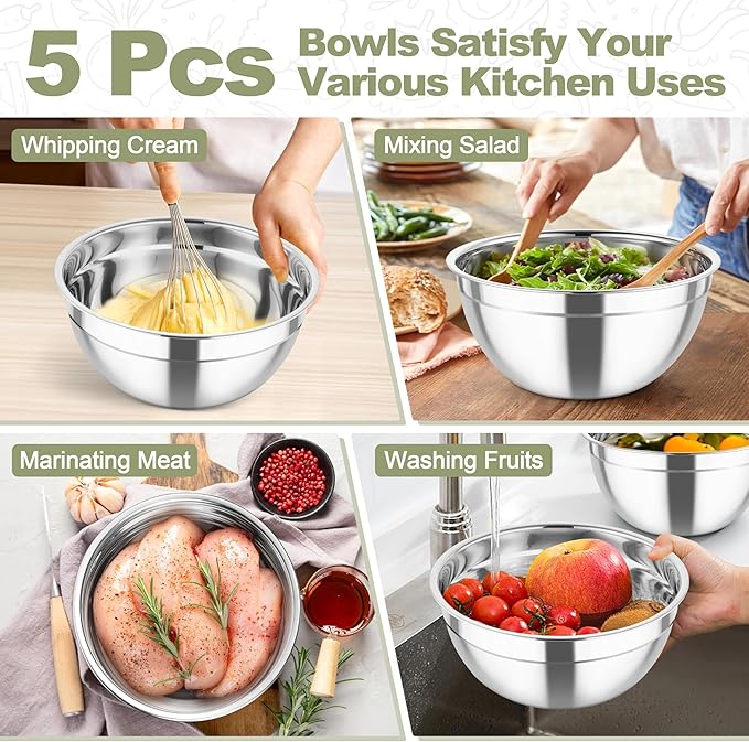 TeamFar Mixing Bowls, Stainless Steel Salad Serving Bowl with Clear Lids & 3 Graters, For Kitchen Cooking Prepping Storing, Size 4.6/2.6/1.5/1/0.7 QT, Nesting & Airtight, Set of 5 & Khaki