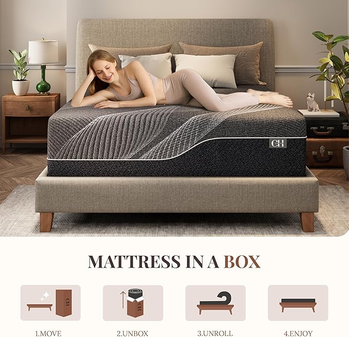 CH CHARME HOUSE 14 Inch Twin XL Mattress, Bamboo-Charcoal Memory Foam Mattress, Cooling & Pressure Relief, Bed in a Box, Foam Made in USA & CertiPUR-US Certified, 38"x80"x14", Black