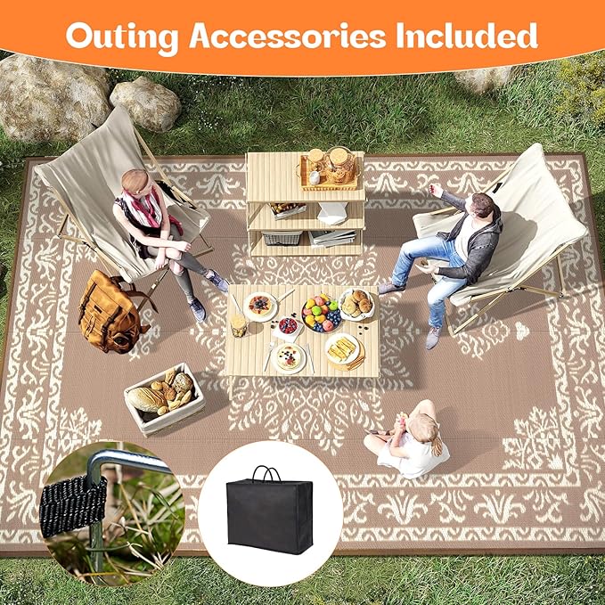 Yamaziot Outdoor Rug 9x12 Ft, Waterproof Plastic Straw Patio Rug, Reversible Backyard Carpet UV Resistant Portable RV Mat Clearance, Large Indoor Outdoor Rug for Patio, Porch, Deck, Balcony, Brown