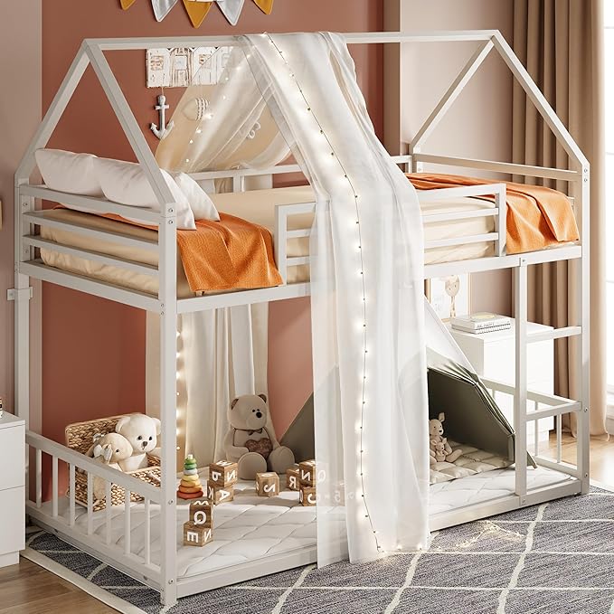 LIKIMIO Bunk Bed Twin XL Over Twin XL, Metal Bunk Bed Frame with Ladder and Guardrail, House Shaped with Metal Slats for Dormitory and Bedroom, Space Saving, No Box Spring Needed, White