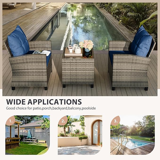 Vongrasig 3 Piece Patio Furniture Set Small Outdoor Wicker Rattan Front Porch Bistro Set Cushioned Patio Chairs Conversation Set with Glass Table for Lawn, Garden, Backyard, Balcony, Poolside (Blue)