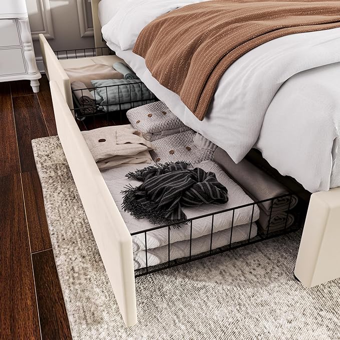 VECELO King Size Upholstered Platform Bed Frame with 4 Storage Drawers, Adjustable Velvet Rivet Decor Headboard, Wooden Slats Support, No Box Spring Needed, Easy Assembly