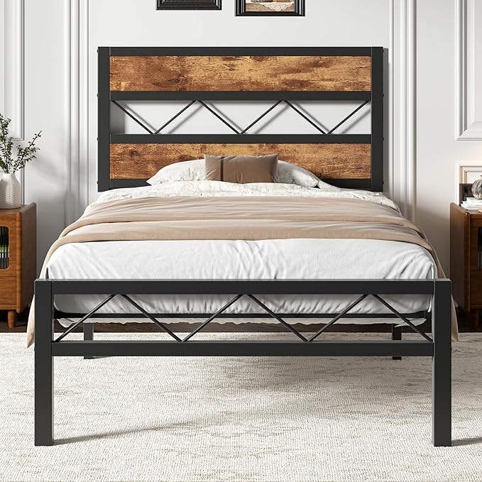VECELO Twin Size Bed Frame with Headboard, Heavy-Duty Platform Bedframe with Metal Slats Support, No Box Spring Needed, Easy Assembly, Black & Brown