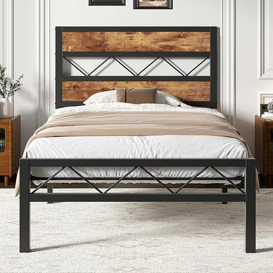 VECELO Twin Size Bed Frame with Headboard, Heavy-Duty Platform Bedframe with Metal Slats Support, No Box Spring Needed, Easy Assembly, Black & Brown