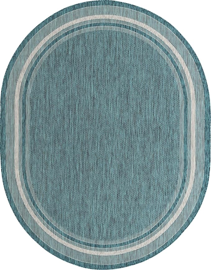 Unique Loom Outdoor Border Collection Area Rug - Soft Border (7' 10" x 10' Oval, Teal/ Ivory)