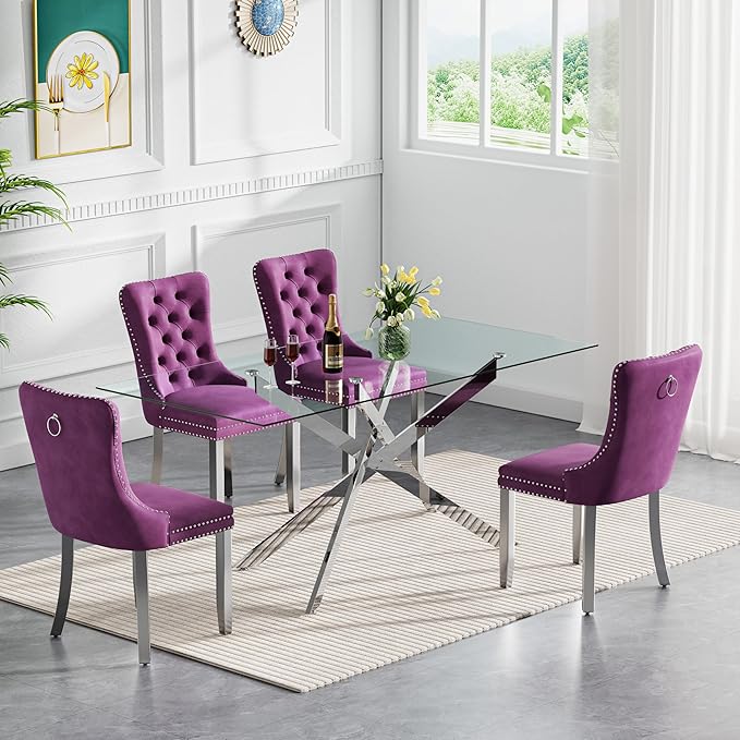 Goujxcy 7 Piece Glass Dining Table Set Modern Glass Dining Table Set for 6, 61" Rectangular Silver Kitchen Table and 6 Velvet Upholstered Chairs, Silver Table & Purple Chair