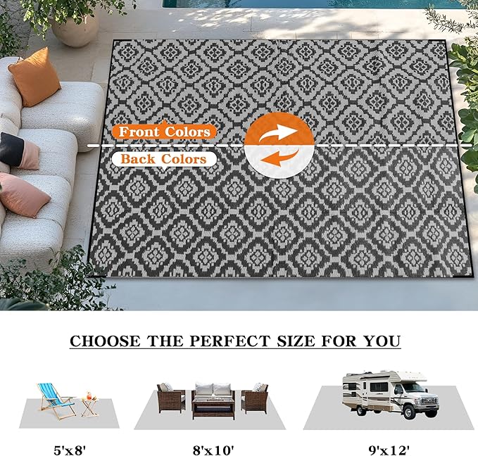 Wallona Outdoor Rugs 9x12 ft Patio Waterproof Clearance Indoor Outdoor Large Carpet for Patio Plastic Straw Reversible Area Rugs Mat for RV, Camping, Balcony, Beach, Picnic, Porch, Brick Black & Grey