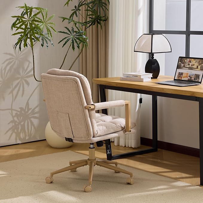 VINGLI Comfy Linen Office Desk Chair with Wheels & Detachable Cushions & Wood-Like Armrests,Swivel Small Computer Task Chair,Adjustable for Girl Makeup Vanity,Teen/Kids Study,Nail Tech,Sewing,Khaki