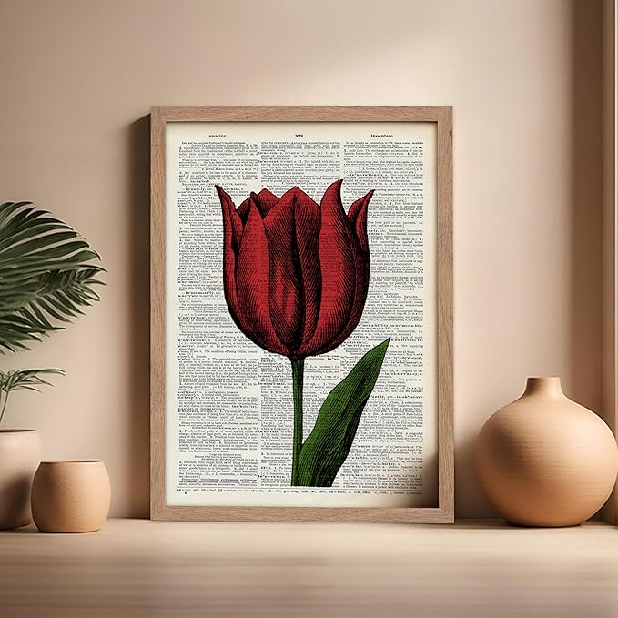 Poster Master Dictionary Art Poster - Tulip Print - Red Flower Art - Floral Art - Gift for Men, Women & Florist - Minimal Decor for Living Room, Bedroom, Dorm or Flower Shop, 16x20 Beige Framed