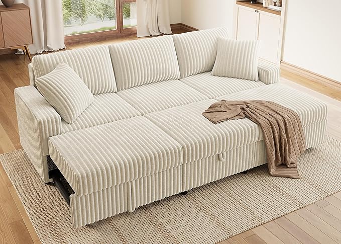 HONBAY Sectional Sleeper Sofa with Pull Out Bed, L Shaped U Shaped Couch with Storage Ottoman, Velvet White