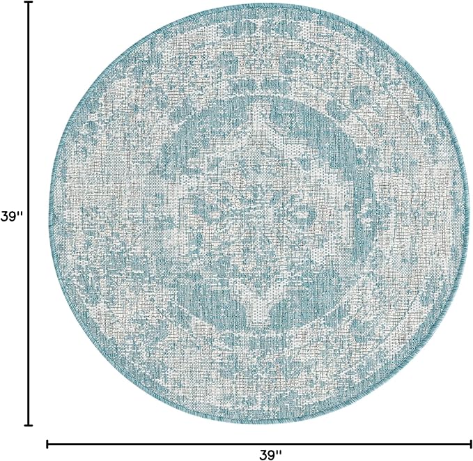 Unique Loom Outdoor Traditional Collection Area Rug - Valeria (3' 3" Round, Aqua/ Ivory)