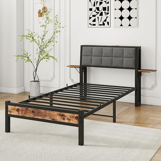 Twin Bed Frame with Storage Headboard,Upholstered Platform Bed Frame Twin with Charging Station and Bedside Shelf,Heavy Duty Metal Slats,Under Bed Storage,No Box Spring Needed,Noise Free,Grey