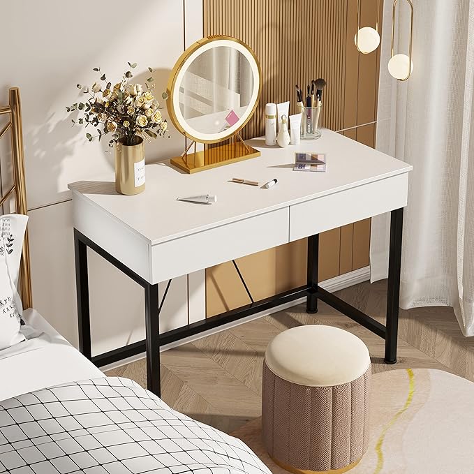 Mexin Small White Desk with 2 Wooden Drawers, 40 Inch Home Office Writing Desk, White Vanity Desk with Storage, Computer Desk for Bedroom Small Spaces, Table for Office, Work, Kids Study, Makeup