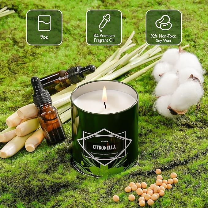 Citronella Candles Outdoor 4-Pack, Total 36oz Citronella Candles for Outside Patio, Camping & Garden, Summer Gifts for Indoor Home Scented, 50-Hour Burn Time, 9 Ounce Each