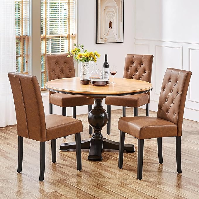 Yaheetech Dining Chairs Set of 4 Modern Style Faux Leather Dining Room Chairs with Solid Wood Legs and Button Tufted Padded for Home Kitchen, Retro Brown